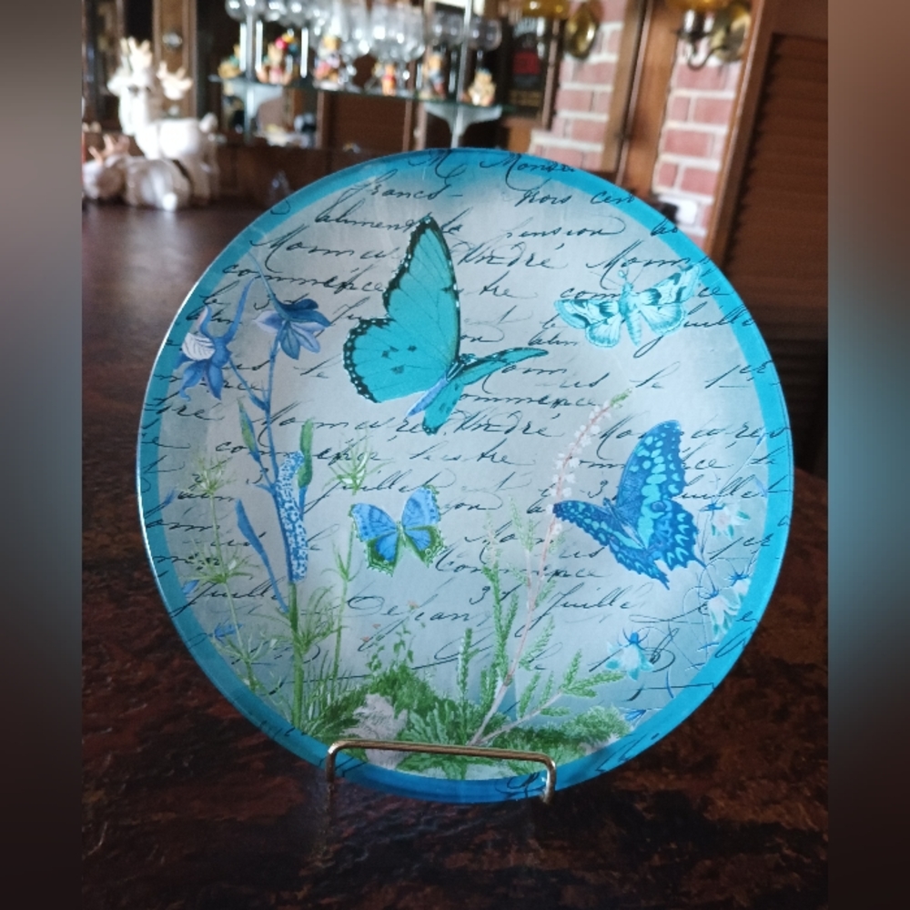 Blue Butterfly Botanical Canape or Glass Plate Shelf Decor by Notions